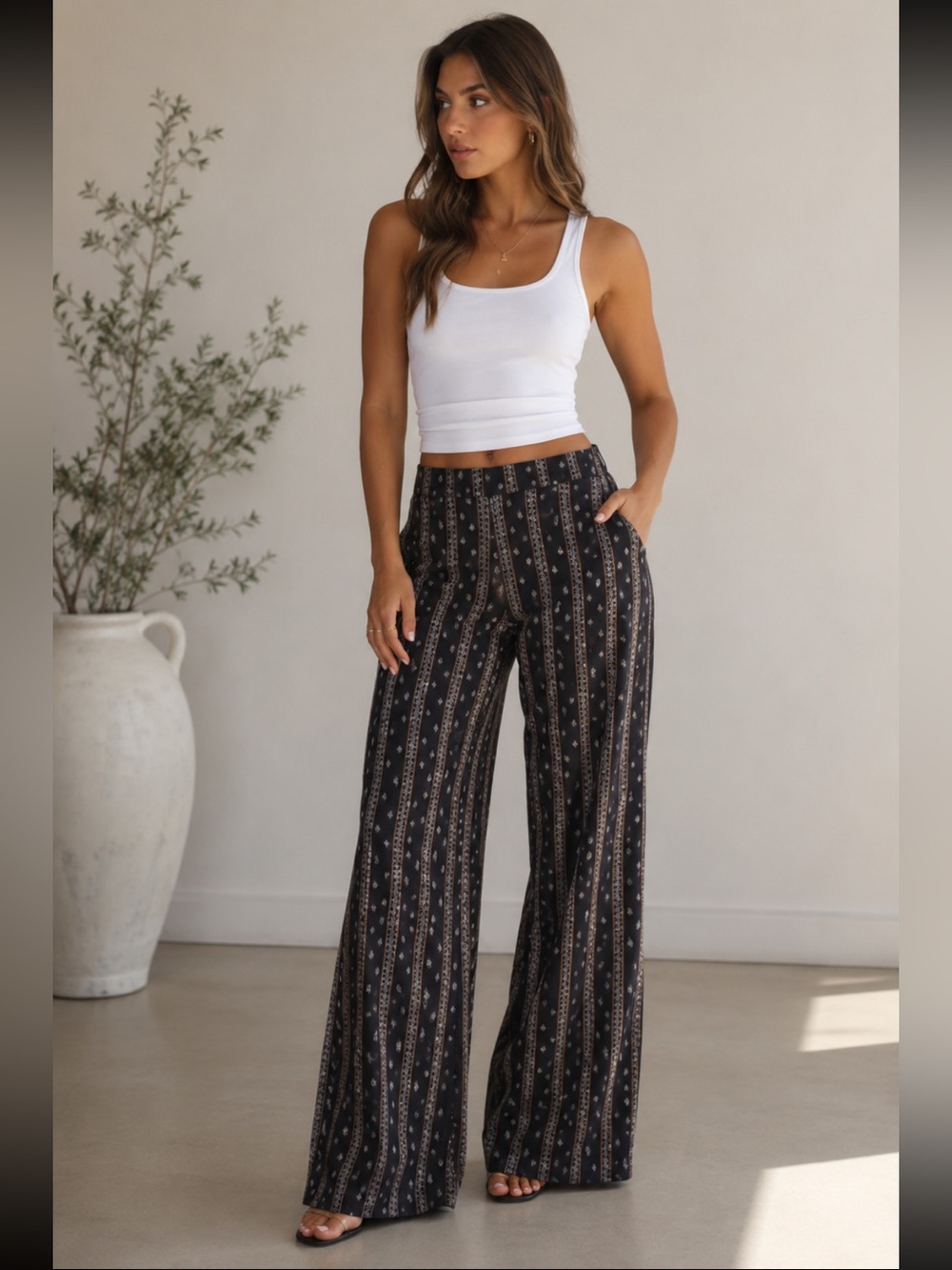 Abbeline Black Patterned High-Rise Wide Leg Pants